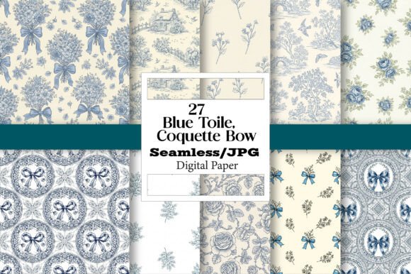 Blue Toile Digital Paper, Coquette Bow: A Designer's Dream Pattern