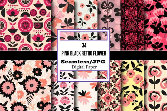 Unleash Retro Charm with Seamless Pink Black Floral Patterns